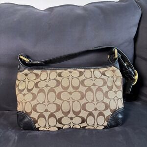 Coach Signature Jacquard Small Shoulder Bag Khaki Black Leather Brass Hardware